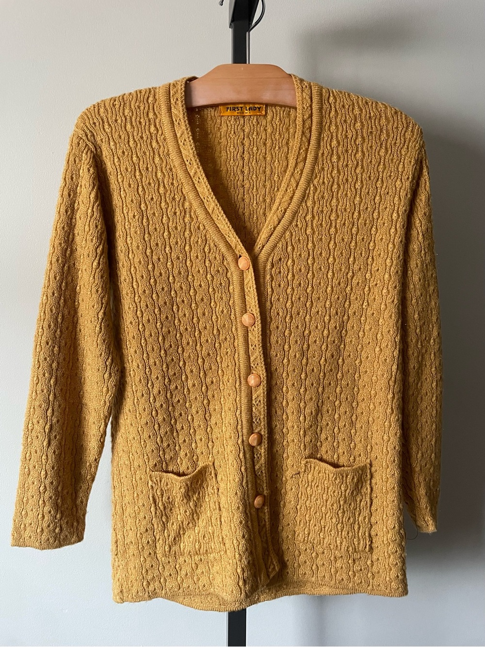60s 70s Vintage First Lady Cable Knit Cardigan Mustard Yellow Button Down